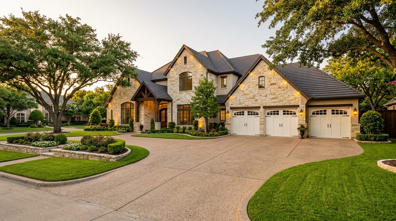 Three-bay garage on a North Texas home with white carriage-style doors